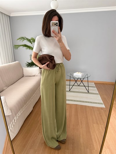 Tencel Beli Lastikli Yeşil Renk Pantolon 