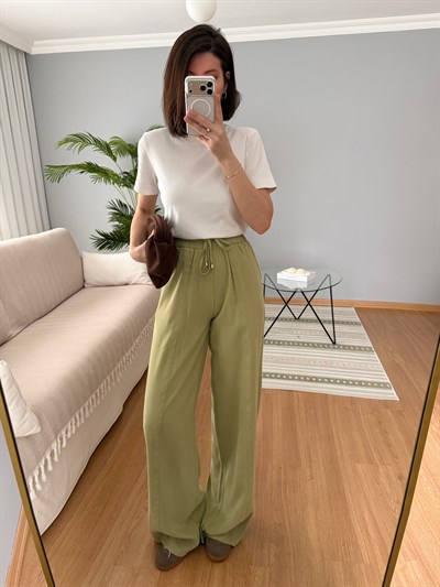 Tencel Beli Lastikli Yeşil Renk Pantolon 