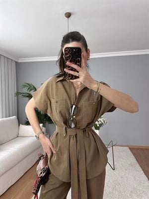Toprak Rengi Yarım Kol Keten Takım