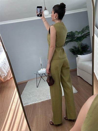 Tulip Yağ Yeşili Renk Keten Takım