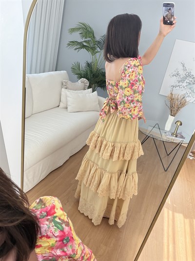 Tuvana Sarı Renk Katlı Etek