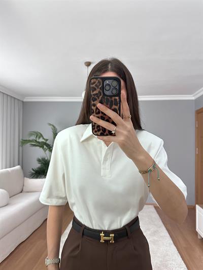 Vatkalı Polo Yaka Beyaz Tişört