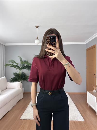 Vatkalı Polo Yaka Bordo Tişört