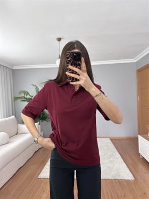 Vatkalı Polo Yaka Bordo Tişört