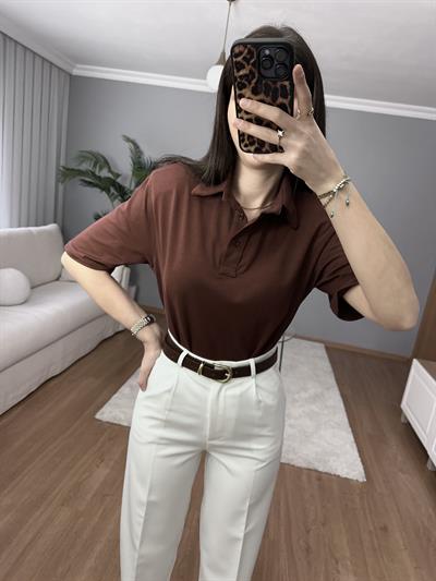 Vatkalı Polo Yaka Kahve Tişört