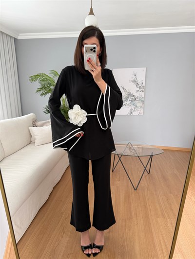Velissa Gül Kuşaklı Siyah Renk Takım