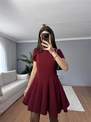 Volanlı Bordo Elbise