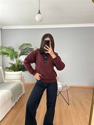 Yakası Denim Bordo Sweatshirt 
