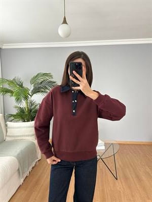 Yakası Denim Bordo Sweatshirt 