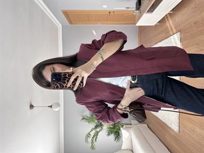 Yakası Deri Detaylı Bordo Ceket