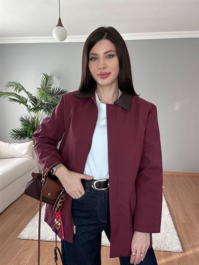 Yakası Deri Detaylı Bordo Ceket