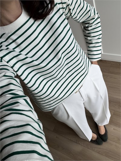 Yeşil Çizgili Pamuklu Sweatshirt 