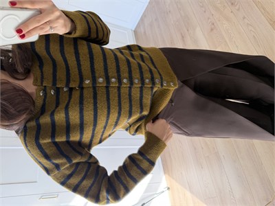 Yeşil Lacivert Çizgili Yün Dokulu Hırka