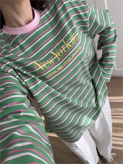 Yeşil Pembe Çizgili Sweatshirt 