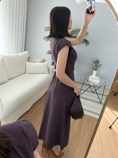 Yıldız Kemerli Mürdüm Tencel Elbise