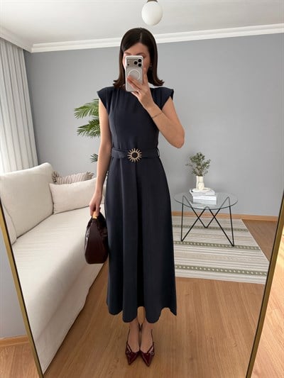Yıldız Kemerli Lacivert Tencel Elbise