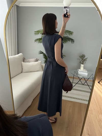 Yıldız Kemerli Lacivert Tencel Elbise
