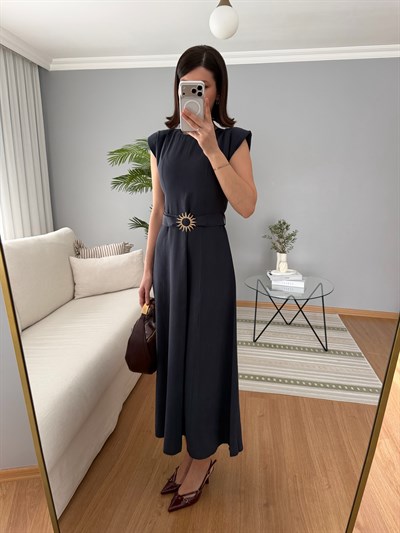 Yıldız Kemerli Lacivert Tencel Elbise