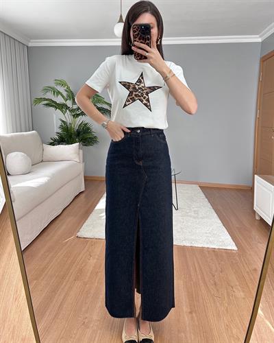 Yırtmaçlı Denim Etek
