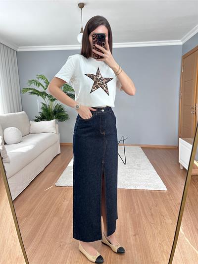 Yırtmaçlı Denim Etek