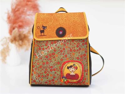 Frida Figürlü Kapaklı Sırt Çantası Kahverengi, Cüzdan Bordo Etnik Bohem Style Kombin