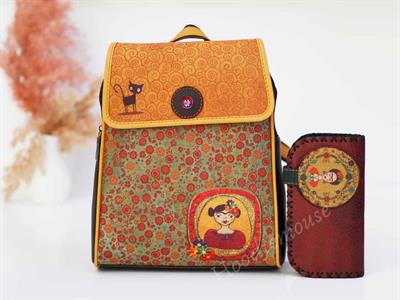 Frida Figürlü Kapaklı Sırt Çantası Kahverengi, Cüzdan Bordo Etnik Bohem Style Kombin