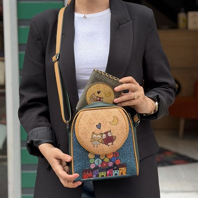 Baykuş Figürlü Küçük Postacı Omuz Çantası Etnik Bohem Style  Küçük Cüzdan Kombin - Yesil