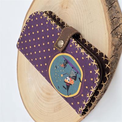 Gücünü Yansıt! Cadı ve Kara Kedi Figürlü Büyük Cüzdan (Mor Puantiyeli) Bohem Retro Vintage Şıklığı