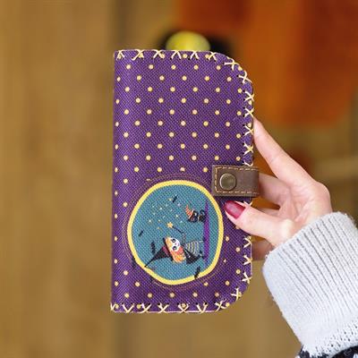 Gücünü Yansıt! Cadı ve Kara Kedi Figürlü Büyük Cüzdan (Mor Puantiyeli) Bohem Retro Vintage Şıklığı