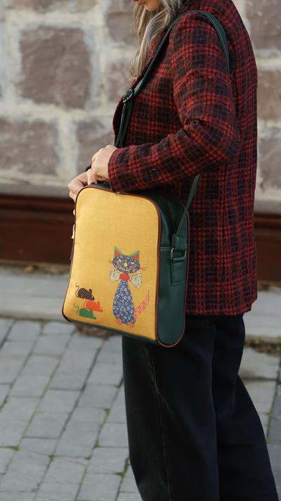 Fare Kedi Figürlü Büyük Postacı Kol Çantası Etnik Bohem Style - Yesil