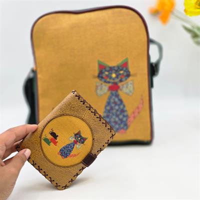Fare Kedi Figürlü Büyük Postacı Kol Çantası Yesil, Küçük Cüzdan Hardal Etnik Bohem Style Kombin