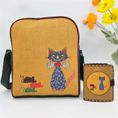 Fare Kedi Figürlü Büyük Postacı Kol Çantası Yesil, Küçük Cüzdan Hardal Etnik Bohem Style Kombin