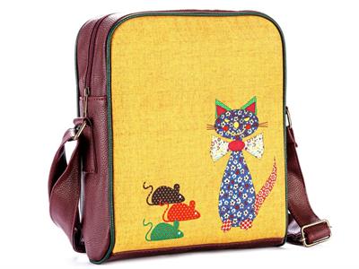 Fare Kedi Figürlü Büyük Postacı Kol Çantası Etnik Bohem Style - Bordo