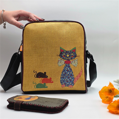 Fare Kedi Figürlü Büyük Postacı Kol Çantası Yesil, Cüzdan Yesil  Etnik Bohem Style Kombin
