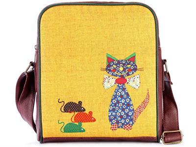 Fare Kedi Figürlü Büyük Postacı Kol Çantası Etnik Bohem Style - Bordo