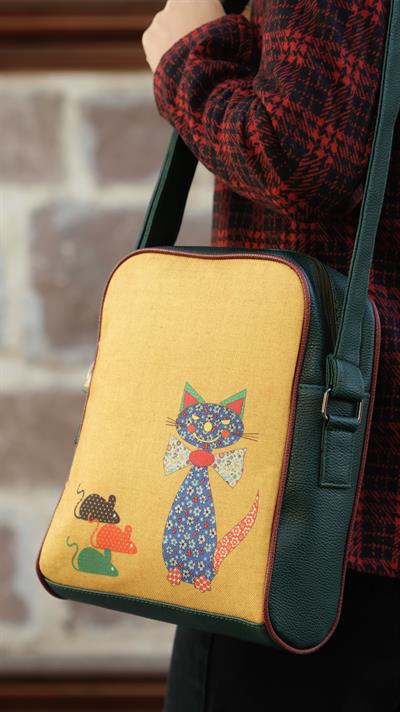 Fare Kedi Figürlü Büyük Postacı Kol Çantası Etnik Bohem Style - Yesil