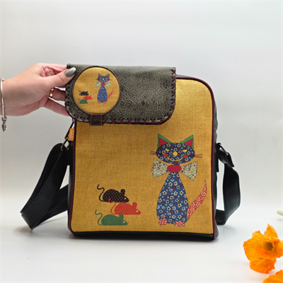 Fare Kedi Figürlü Büyük Postacı Kol Çantası Yesil, Cüzdan Yesil  Etnik Bohem Style Kombin