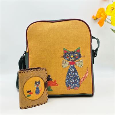 Fare Kedi Figürlü Büyük Postacı Kol Çantası Yesil, Küçük Cüzdan Hardal Etnik Bohem Style Kombin