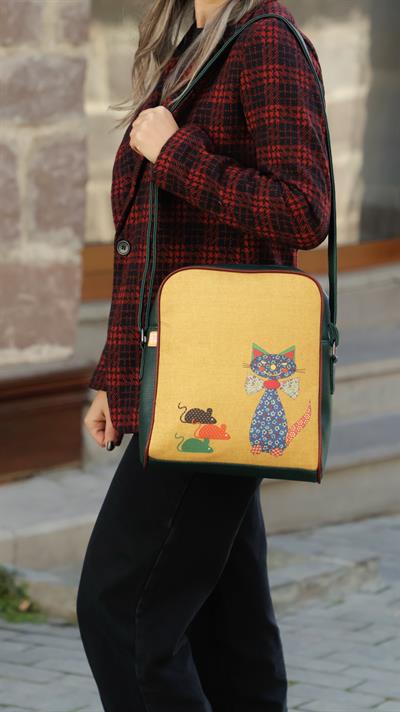 Fare Kedi Figürlü Büyük Postacı Kol Çantası Etnik Bohem Style - Yesil