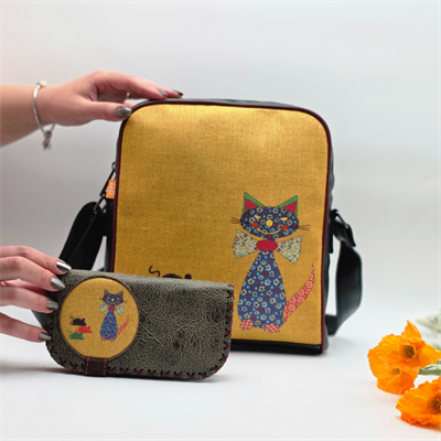 Fare Kedi Figürlü Büyük Postacı Kol Çantası Yesil, Cüzdan Yesil  Etnik Bohem Style Kombin