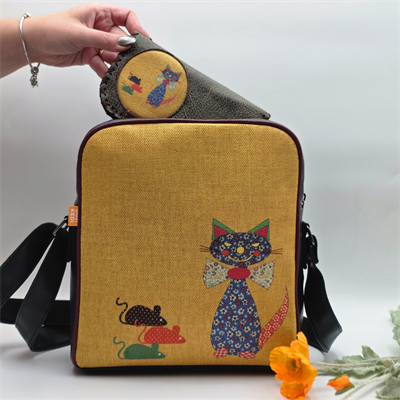 Fare Kedi Figürlü Büyük Postacı Kol Çantası Yesil, Cüzdan Yesil  Etnik Bohem Style Kombin
