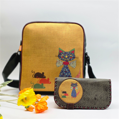 Fare Kedi Figürlü Büyük Postacı Kol Çantası Yesil, Cüzdan Yesil  Etnik Bohem Style Kombin