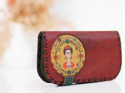 Frida Figürlü Büyük Cüzdan Etnik Bohem Retro Vintage Style - BORDO