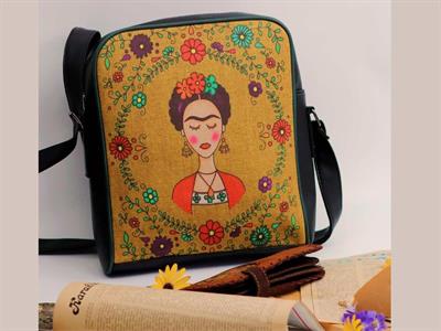 Frida Figürlü Büyük Postacı Kol Çantası Etnik Bohem Style Çanta Siyah Cüzdan Taba Kombin