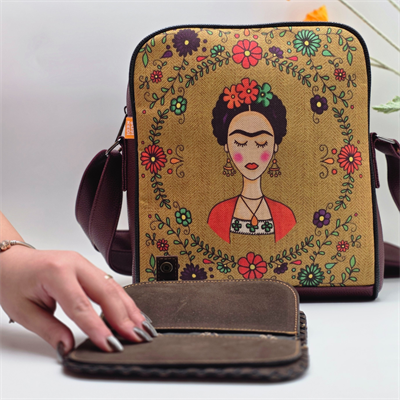 Frida Figürlü Büyük Postacı Kol Çantası Etnik Bohem Style Çanta Bordo Cüzdan Bordo Kombin