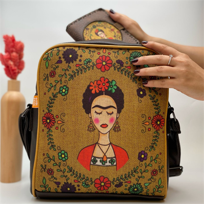 Frida Figürlü Büyük Postacı Kol Çantası Etnik Bohem Style Çanta Kahverengi Cüzdan Kahverengi Kombin