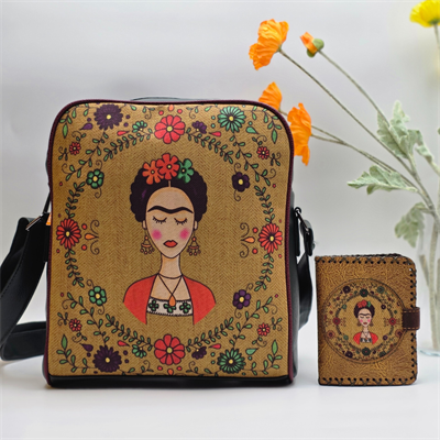 Frida Figürlü Büyük Postacı Kol Çantası Etnik Bohem Style Çanta Yesil Cüzdan Hardal Kombin