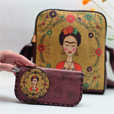 Frida Figürlü Büyük Postacı Kol Çantası Etnik Bohem Style Çanta Bordo Cüzdan Bordo Kombin