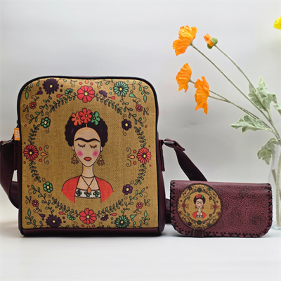 Frida Figürlü Büyük Postacı Kol Çantası Etnik Bohem Style Çanta Bordo Cüzdan Bordo Kombin