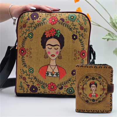 Frida Figürlü Büyük Postacı Kol Çantası Etnik Bohem Style Çanta Yesil Cüzdan Hardal Kombin